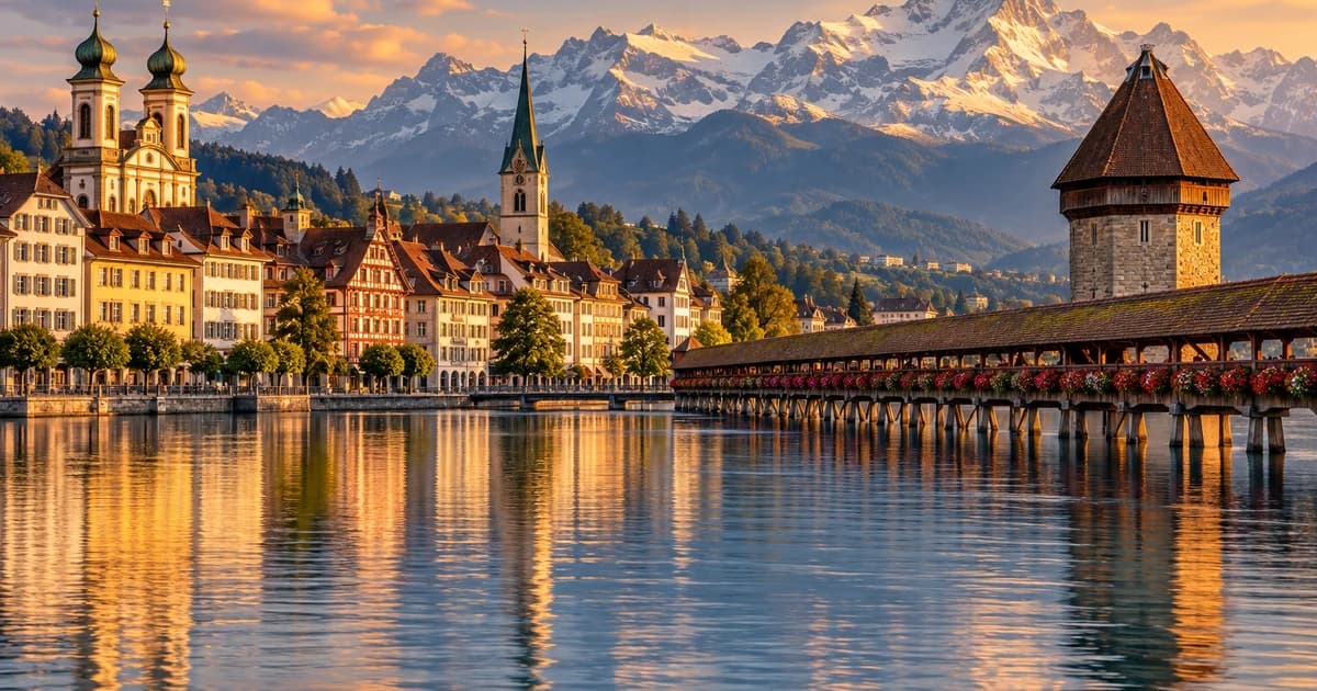 Illustration of a Swiss lakeside old town below mountains