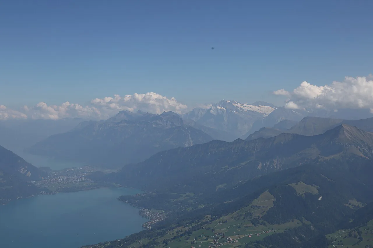 Interlaken and mountain ranges of Schwarz and Wetterhorn from Niesen