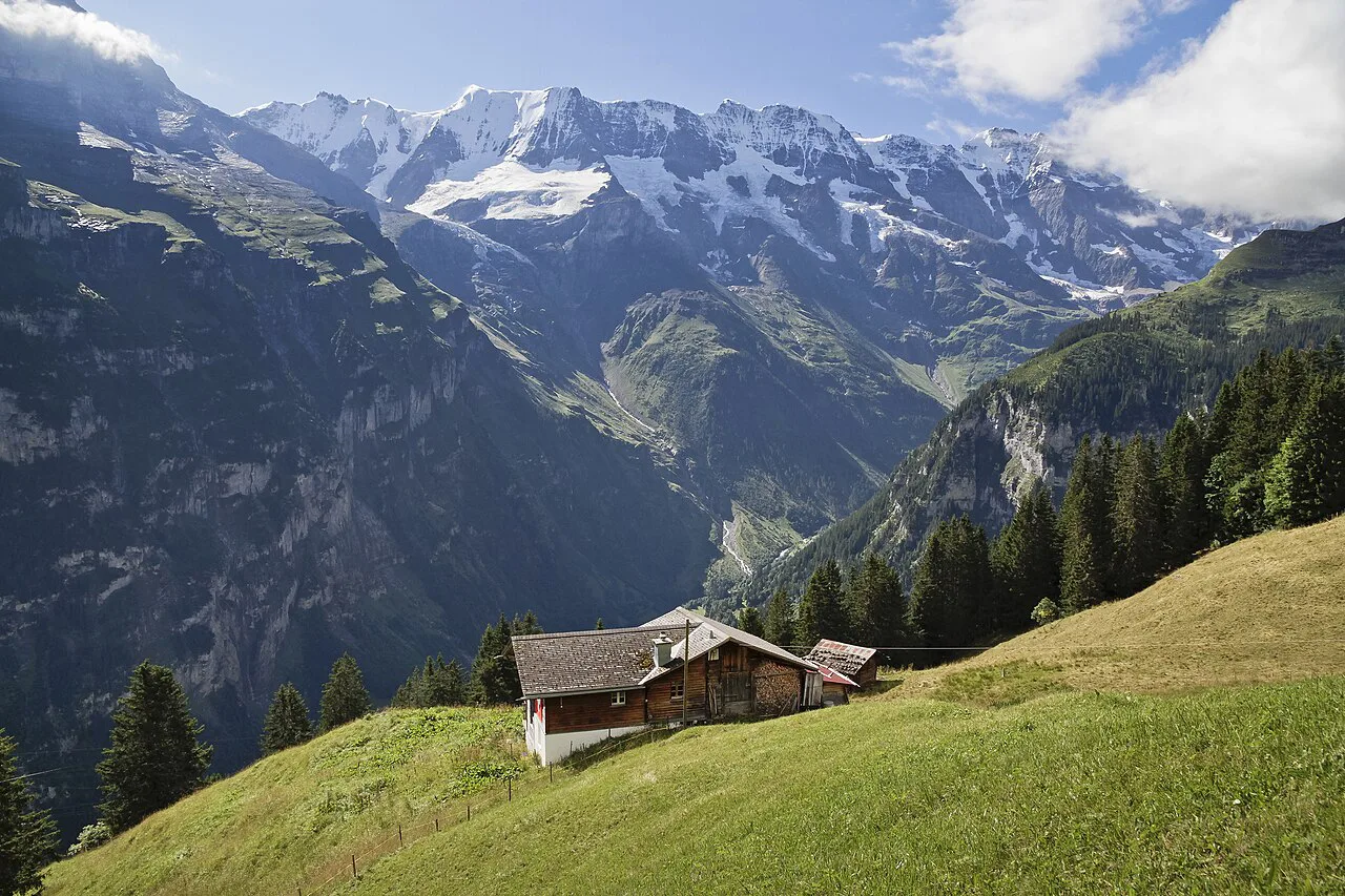 View to Lauterbrunnen valley at Mürren, Bern, Switzerland, August
