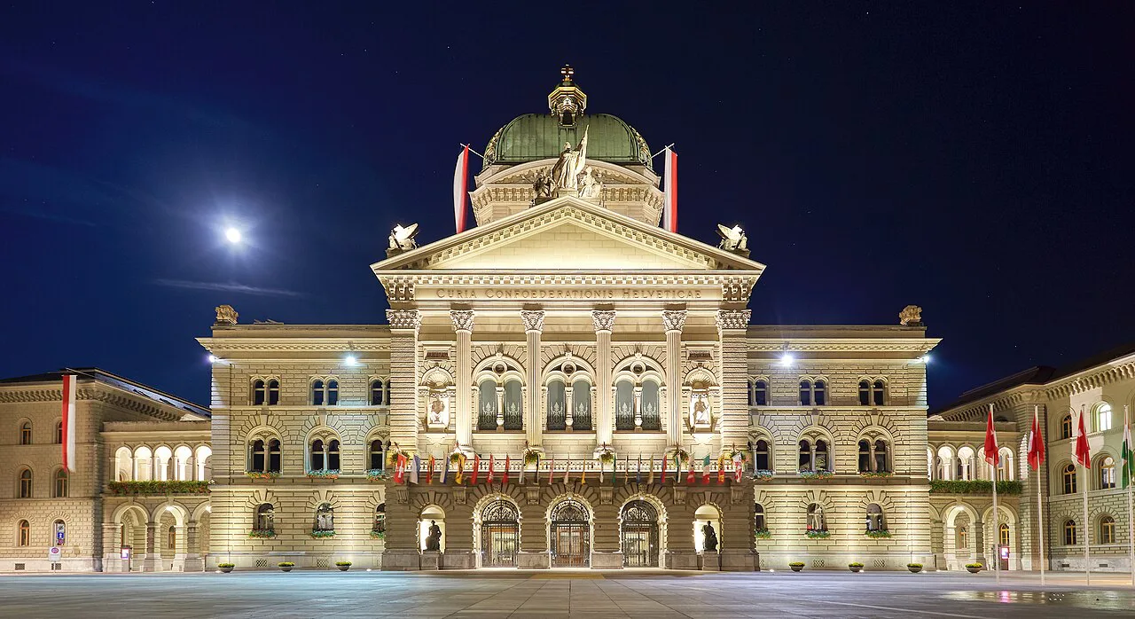 Bern Parliament Plaza Flagged Wide