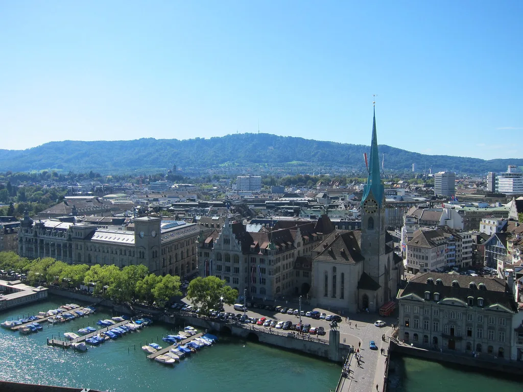 Venue view: Fraumünster seen from the Grossmünster tower in Zurich, Switzerland.
