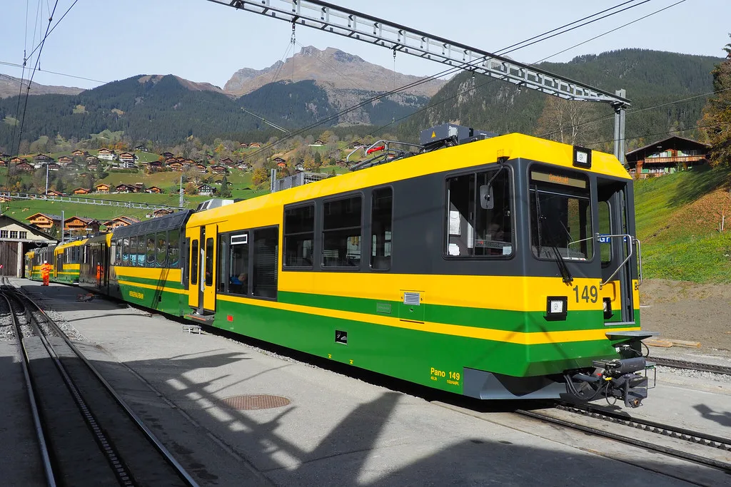Venue view: Grindelwald Grund station with WAB panoramic trains, Grindelwald, Switzerland.