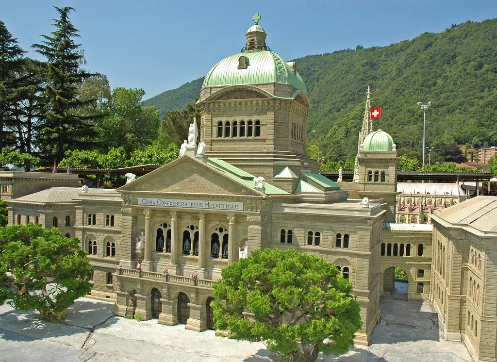 Venue view: miniature Swiss Parliament building at Swissminiatur in Melide, near Lugano.